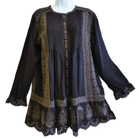 Johnny Was | Tops | Johnny Was Boho Tunic Dress Chocolate Brown Embroidered  Inset Lace Scallop M | Poshmark